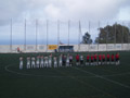 Jornada 21. UD Moya 2 - 1 Arucas CF. De izquierda a derecha: Cristian, Ismael, Roberto, Abi, Ayose, Adrián Díaz, Miguel, Abraham, Joel, Alejandro, David, árbitro y Arucas CF.